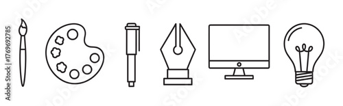 Black outline icons of a paintbrush, paint palette, mechanical pencil, pen nib, computer monitor, and light bulb for art and creativity concepts.