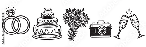 Hand-drawn black outline icons of a diamond engagement ring, wedding cake, bouquet of roses, camera, and clinking champagne glasses.