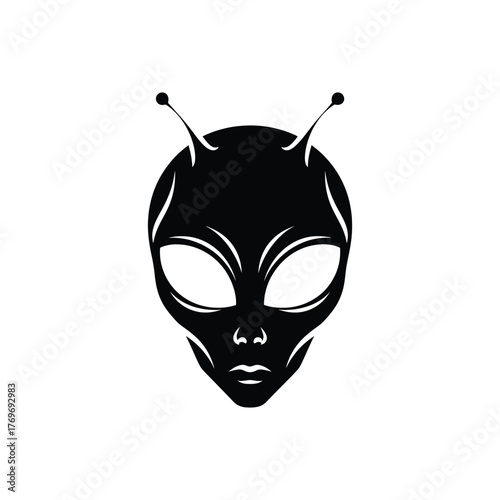 Vector art of black alien head silhouette with large eyes and antennae