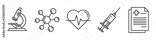 Black outline icons of a microscope, molecular structure, heartbeat with heart shape, and a syringe next to a document with a medical cross.