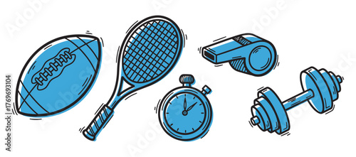 Illustrated collection of blue-outlined sports equipment including a football, tennis racket, stopwatch, whistle, and dumbbell.