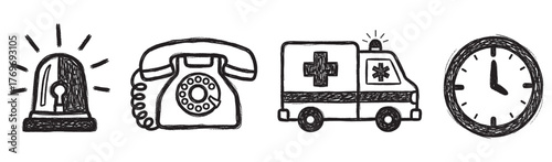 Hand-drawn black outline icons of an emergency siren, rotary telephone, ambulance, and clock, symbolizing urgent communication and medical response.