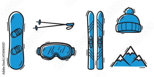 Blue and black outlined illustration of winter sports items including a snowboard, ski poles, goggles, skis, hat, and mountain peak.