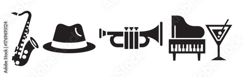 Black and white stylized icons featuring a saxophone, fedora hat, trumpet, grand piano, and cocktail glass, representing jazz music and nightlife.