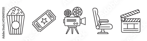 Black outline vector icons depicting a popcorn bucket, movie tickets, a vintage film camera, a theater seat, and a clapperboard.