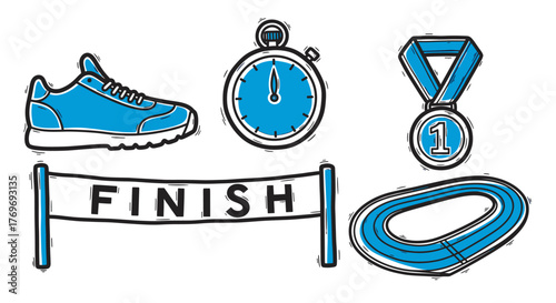 Blue and black hand-drawn icons of a running shoe, stopwatch, blue medal, finish line banner, and race track symbolizing athletic competition.