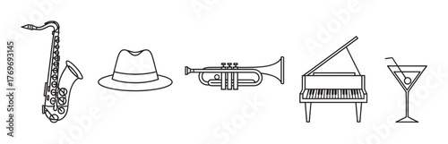Black outline vector icons of a saxophone, fedora hat, trumpet, grand piano, and martini glass arranged horizontally.