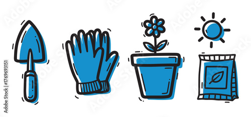 Hand-drawn gardening icons featuring a trowel, gloves, a potted flower, and a sun with fertilizer packet, emphasizing a playful and colorful design.