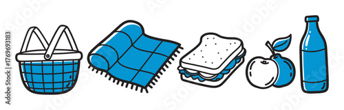 Illustrated picnic essentials include a wicker basket, checkered blanket, sandwich, apple, and a bottle of soda, all highlighted in blue accents.