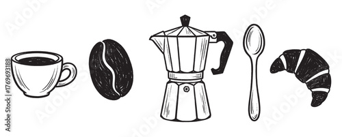 Black outline vector icons of a coffee cup, coffee bean, moka pot, spoon, and croissant, ideal for breakfast and café themes.