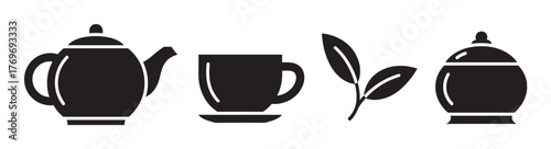 Black silhouette icons depicting a teapot, teacup, tea leaves, and a sugar bowl in a minimalist design.