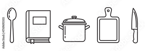 Black outline icons of a spoon, cookbook, cooking pot, cutting board, and knife, representing essential kitchen utensils and tools.