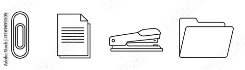 Black outline icons of an office paperclip, document, stapler, and file folder, representing essential stationery items for organizational tasks.