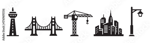 Black silhouette icons of a tower, bridge, crane, city skyline, and street lamp, representing urban structures and infrastructure elements.