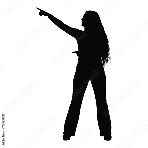 Silhouette of a woman pointing upwards with long hair in flared pants full body shot silhouette