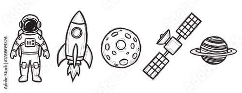 Black outline drawings of a cartoon astronaut, a rocket, a craters-covered moon, a satellite, and a ringed planet.