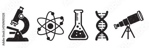 Black outline icons of a microscope, atom, beaker, dna strand, and telescope, symbolizing scientific research and education.