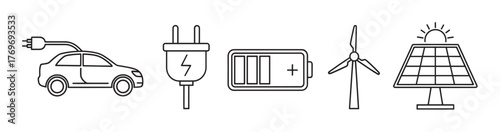 Black outline icons of an electric car, plug, battery, wind turbine, and solar panel, representing renewable energy concepts.