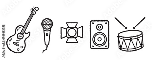 Black outline icons of a guitar, microphone, spotlight, speaker, and drum, illustrating musical equipment and instruments.