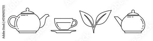 Black outline vector icons featuring two different styles of teapots, a teacup on a saucer, and a tea leaf. simple linear design for tea-related concepts.