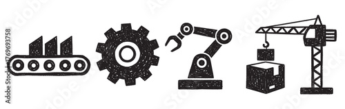 Black outline vector icons of an industrial factory conveyor belt, cogwheel gear, robotic arm, and construction crane lifting a box.