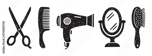 Black outline vector icons of hairdressing tools including scissors, combs, a hairdryer, a mirror, and a hairbrush arranged in a row.