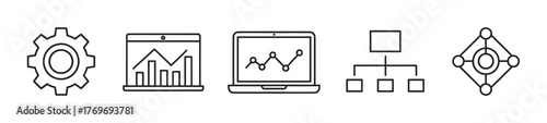 Black outline vector icons of a gear, bar chart, line chart on laptops, hierarchical structure, and network diagram, representing business and technology concepts.