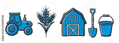 Blue and black outlined icons of a tractor, wheat stalks, barn, shovel, and bucket, representing agricultural tools and elements.