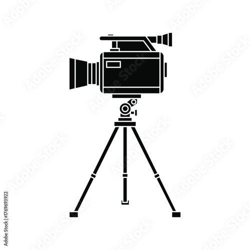 Vector art of professional video camera mounted on a tripod, ready for filming and recording