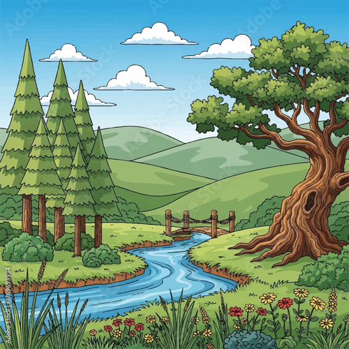 A serene natural landscape with a winding river, lush green trees, rolling hills, and a clear blue sky with fluffy clouds, creating a picturesque scene of tranquility and natural beauty