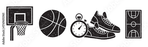 Black outline illustrations of diverse basketball equipment, including a hoop, ball, stopwatch, shoes, and court layout.