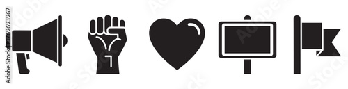 Black silhouette icons depicting a megaphone, raised fist, heart, rectangular sign, and a flag on a pole, representing communication, activism, love, signage, and direction.