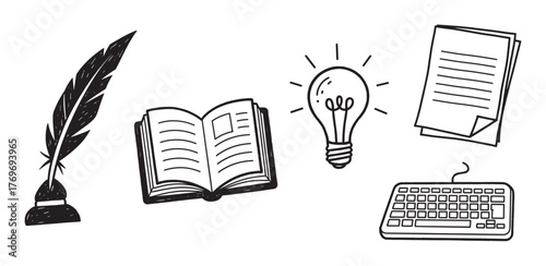 Black and white illustrations of a quill in an inkwell, an open book, a lit light bulb, a stack of papers, and a keyboard, representing writing and creativity.