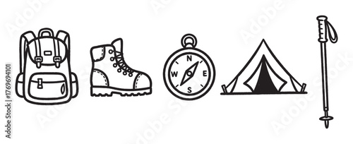 Black outline icons of camping gear including a backpack, boot, compass, tent, and trekking pole, ideal for hiking and outdoor adventure themes.