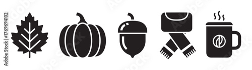 Black silhouette icons of a leaf, pumpkin, acorn, scarf, and steaming mug, representing autumn and cozy seasonal themes.