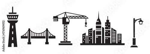 Black silhouette icons depicting a watchtower, bridge, construction crane, city skyline with skyscrapers, and a street lamp.