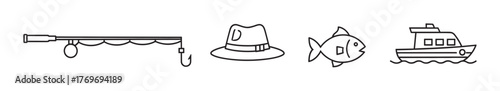 Black outline vector icons of a fishing rod, a hat, a fish, and a boat, symbolizing fishing and maritime activities.