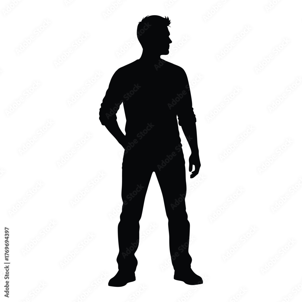 Fototapeta premium Silhouette of a standing man with one hand in pocket looking to the side silhouette