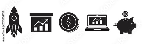 Black icons representing a rocket, chart with growth, coin with dollar sign, laptop with upward trend, and a piggy bank, symbolizing finance and business growth.