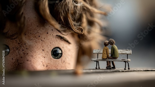 Poupée aux yeux bleus observant deux figurines assises sur un banc