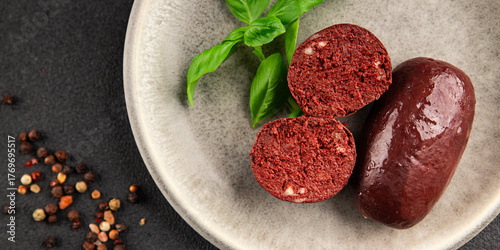 Black pudding blood sausage dish natural product tasty snack fresh delicious gourmet food background on the table rustic top view copy space