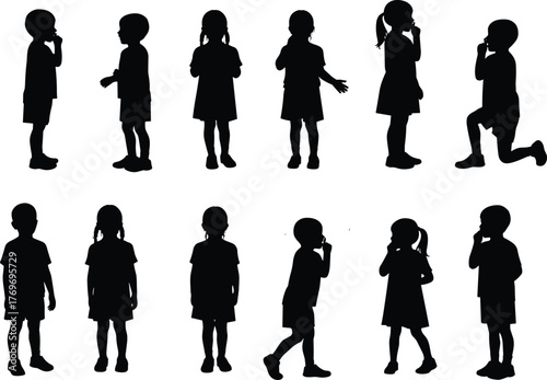 Children thinking silhouettes, kids deep in thought poses, curiosity and imagination concept, decision making, mindfulness, contemplation, learning, creativity, education, reflection