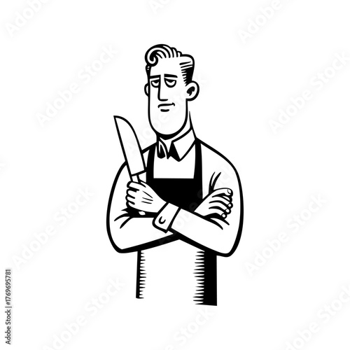 Butcher confidently holding a knife, representing culinary expertise, meat preparation, and craftsmanship in food industry.