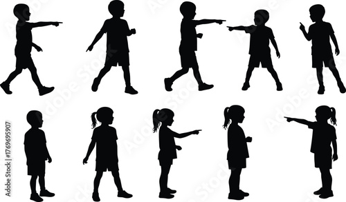 Children pointing silhouettes, kids hand gestures, communication, direction, teamwork, body language, standing and walking poses, education concept, learning activity, group interaction