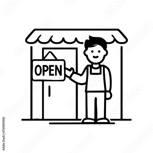 Shopkeeper standing outside store holding open sign, representing welcoming customers and business success.