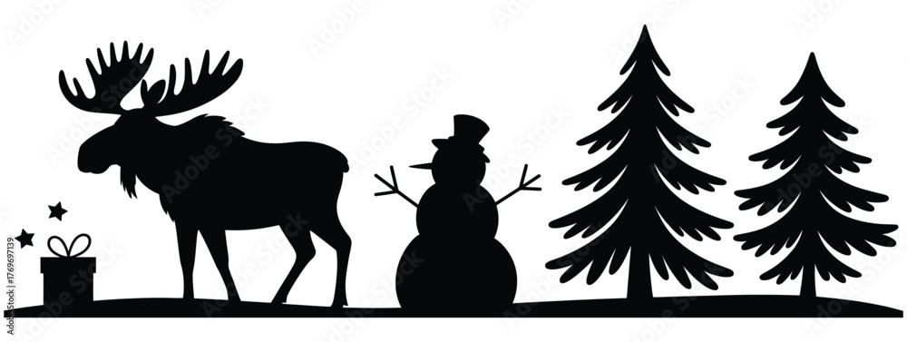 Naklejka premium Moose and snowman forest scene Christmas vector illustration