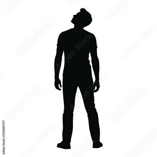 Silhouette of a man looking upwards with arms down simple artistic figure silhouette