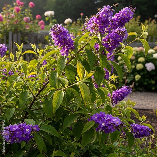 Vibrant purple butterfly bush flowers blooming in a sunlit garden with soft focus background