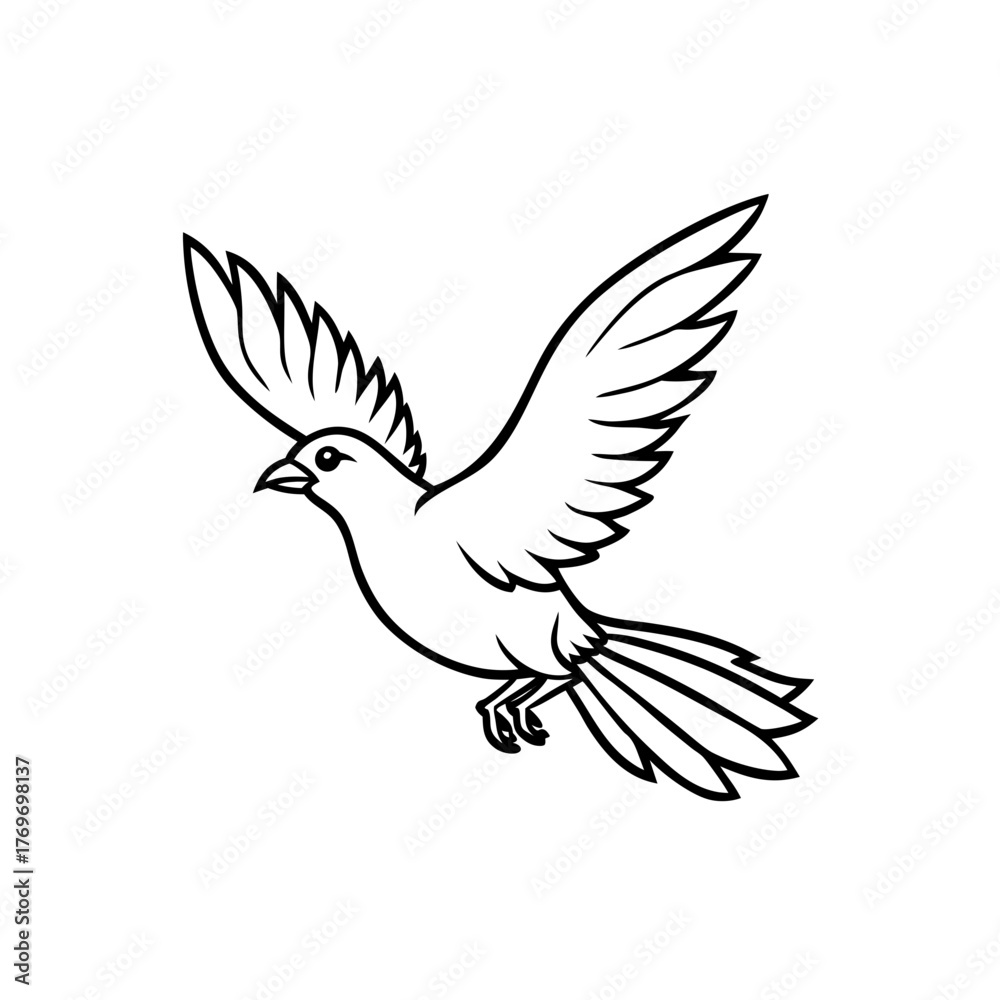 Naklejka premium Stylized black and white line art drawing of a bird in flight with wings spread wide