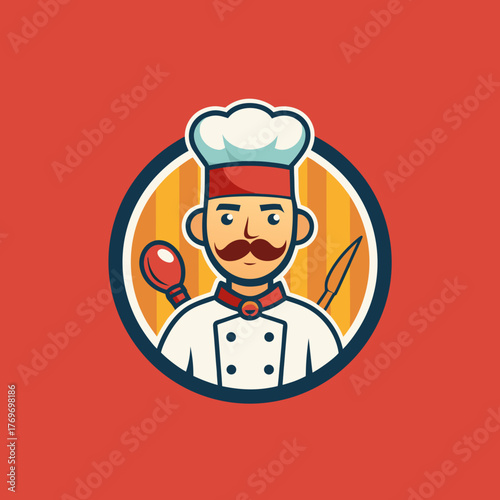 Cartoon chef character with mustache holding utensils and wearing a tall hat